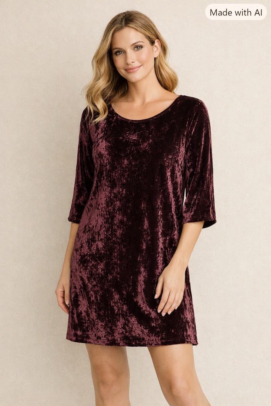 Garnet Hill Crushed Velvet Dress Burgundy 3/4 Sleeve Size 12 Short Keyhole Back